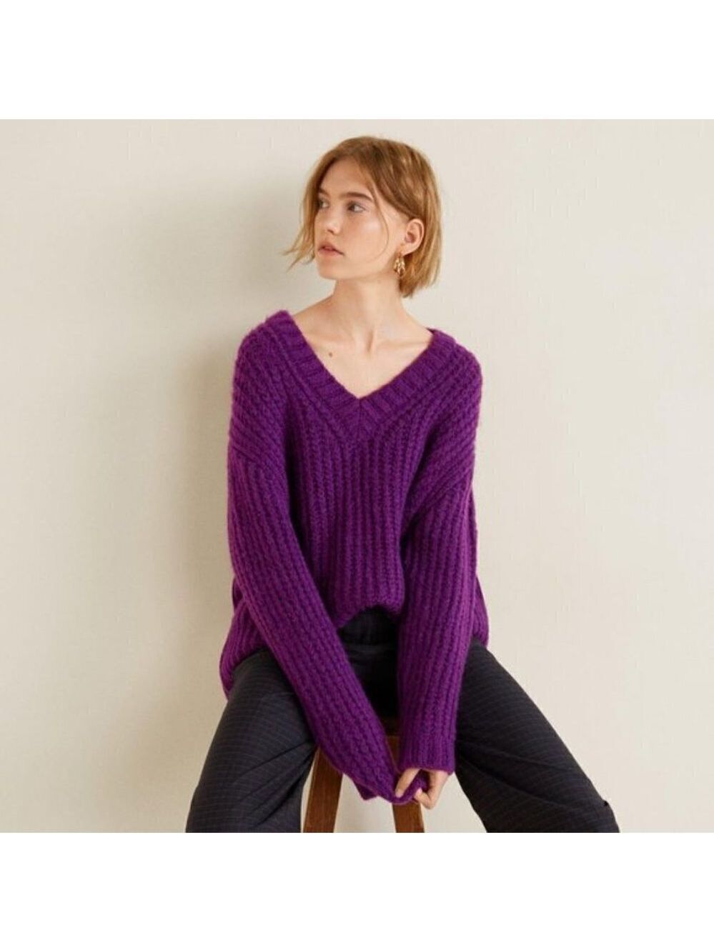 𝅺MANGO women BNWT purple sweater chunky sz small NEW vneck